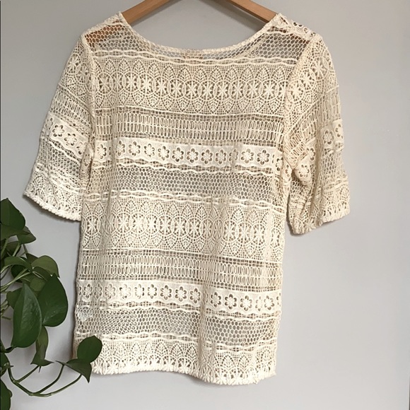 H&M Boho Lace Crochet Top Sheer Cream Short Sleeve - Picture 4 of 6
